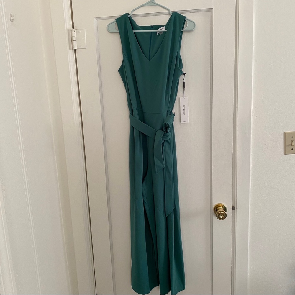 Calvin Klein Teal V-Neck Sleeveless Jumpsuit with Tie Belt - Picture 3 of 12